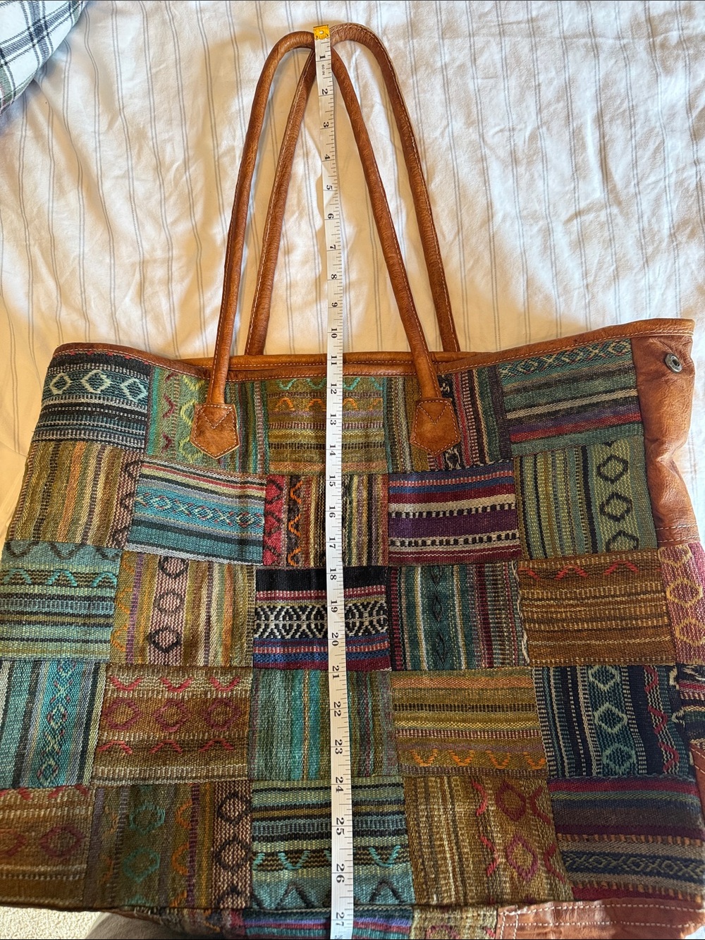 Patchwork Multicolor Woven Tote with Brown Leather Trim - Picture 8 of 9